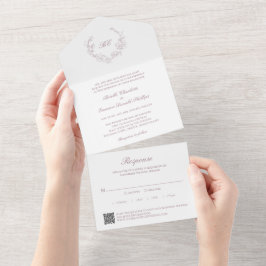 Mauve Wreath Monogram QR Code Elegant Wedding All In One Einladung