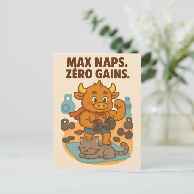 Max Naps, Gains Zéro - Drôle Bullio Gym Carte Post (Debout devant)