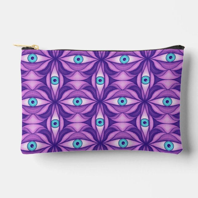 Maximalist Abstract Botanical Eye Pattern Purple Zubehörtasche (Vorderseite)