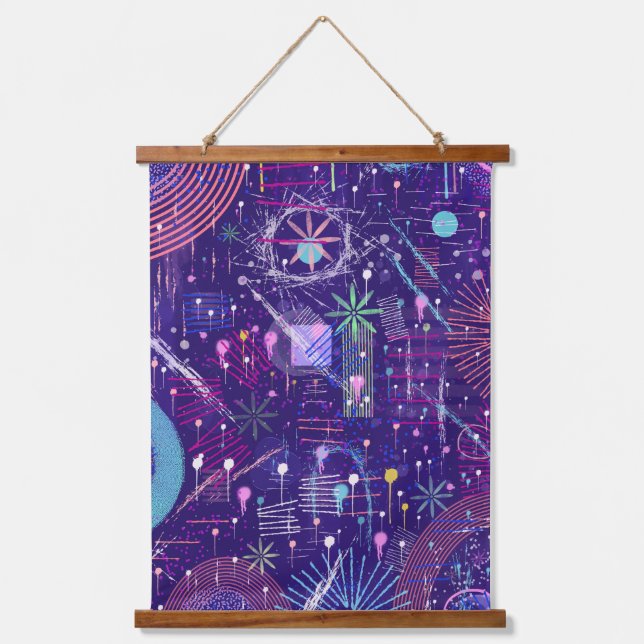 Maximalist Abstract on Purple Wandteppich Mit Holzrahmen (Vorderseite)