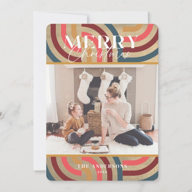 Maximalist Geometric Gold Christmas Foto Einladung (Vorderseite)