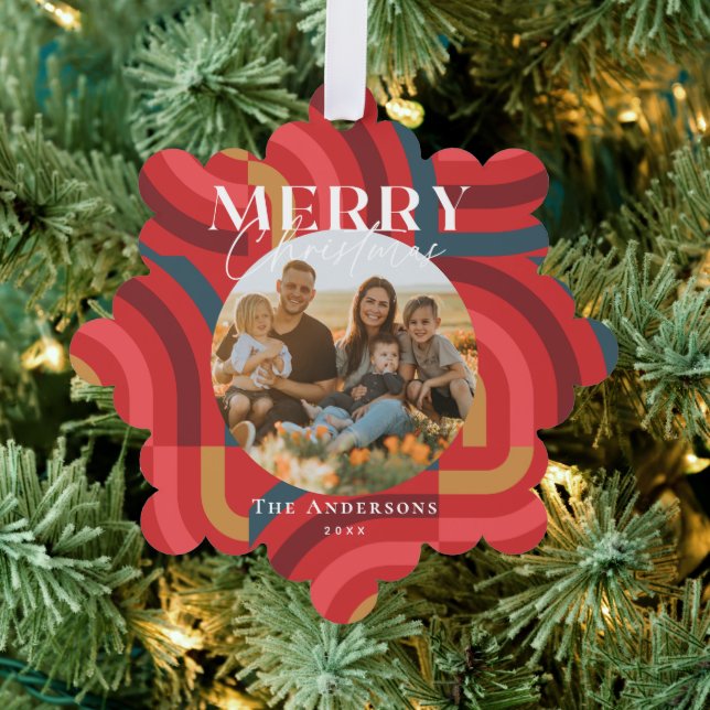 Maximalist Geometric Red Christmas Foto Ornament Karte (Insitu (Baum))