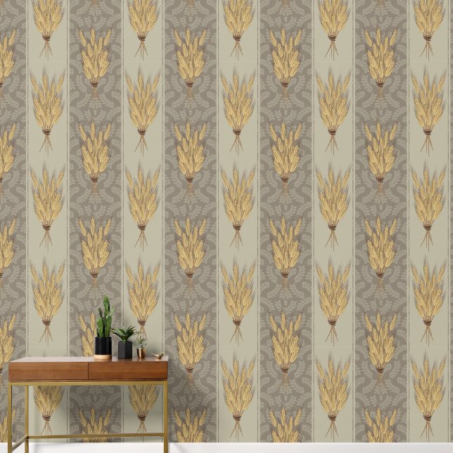 Maximalist Wheat and Blätter Pattern - Greige Beig Tapete (Korridor)