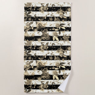 Maximalistische Beige-Blume über Schwarz-weißen St Strandtuch