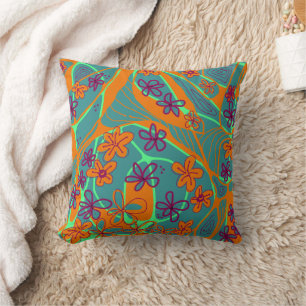 Maximalistische Blumen-Neuro-Kunst - Türkis Orange Kissen