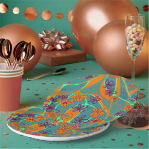 Maximalistische Blumen-Neuro-Kunst - Türkis Orange Pappteller
