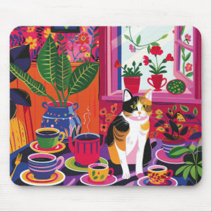 Maximalistische Dreifarbenkatze und Teestube Mousepad