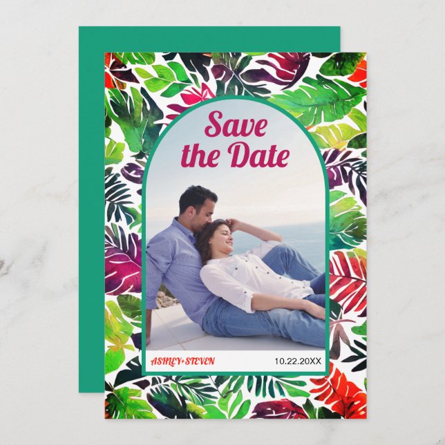 Maximalistische tropische Blätter boho arch Save t Save The Date (Vorne/Hinten)
