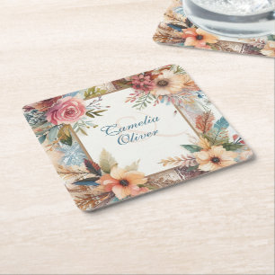 Maximalistisches Hochzeitstil mit Vintager Blumend Rechteckiger Pappuntersetzer