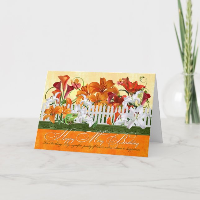 May Birthday Lily Garden Schmetterlinge und Frosch Karte (Vorderseite)