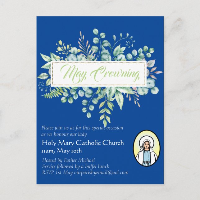 May Crowning lädt Jungfrau Mary Katholic ein Postkarte (Vorderseite)