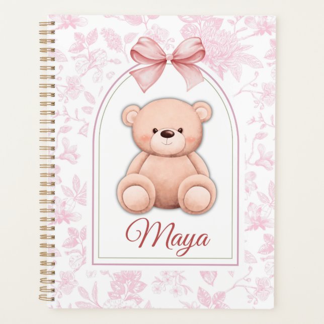 Maya | Benutzerdefiniertes rosa Teddy-Bär-Kinderzi Planer (Vorderseite)