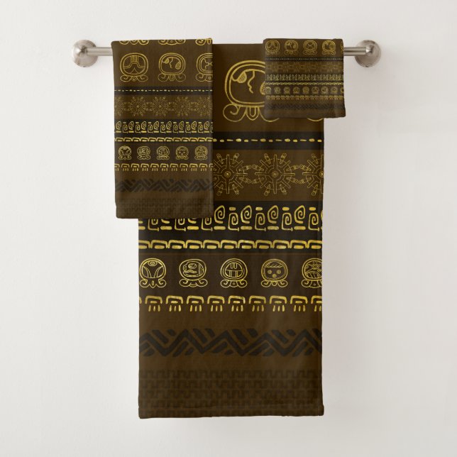 Maya-Kalenderglyphs-Muster Gold auf Brown Badhandtuch Set (Insitu)