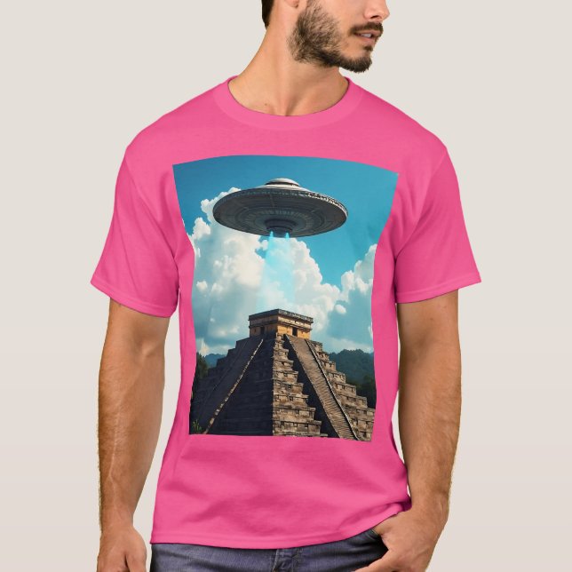 Mayan Pyramid und Ufo T-Shirt (Vorderseite)