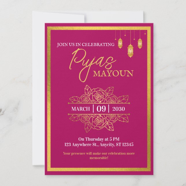 Mayoun Maroon and Gold Puja Invitation (Devant)