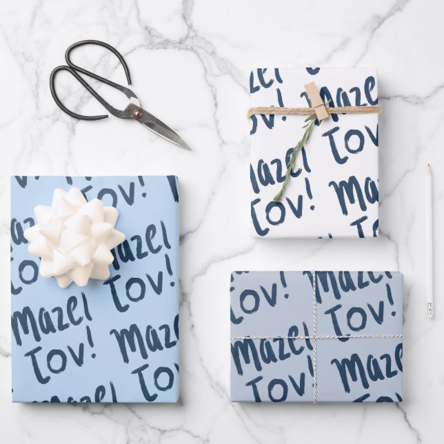 MAZEL TOV Bar Bat Mitzvah Handletter Jewish Blue Geschenkpapier Set (Vorderseite)