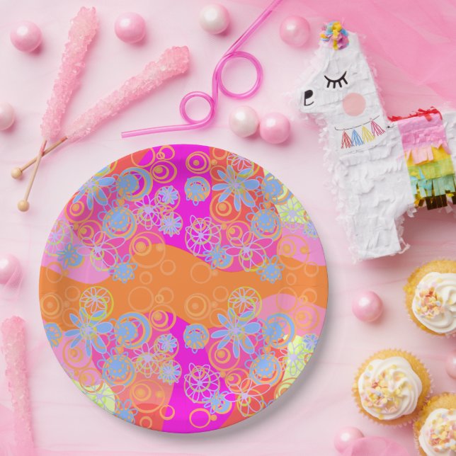 Mazipoodles Blumenblasen Multi Pink Orange Blu2 Pappteller (Party)