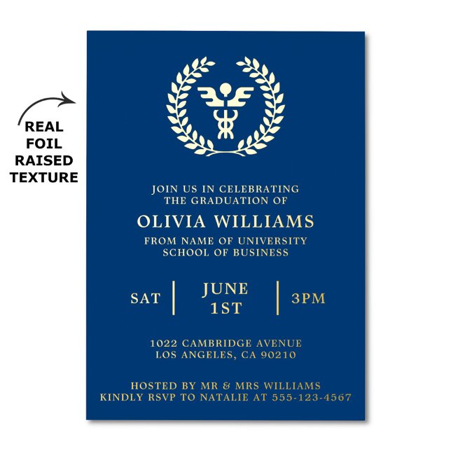 MBA Business Grad Navy Gold Graduation Party Folieneinladung (MBA graduation party invitation with real foil raised texture)