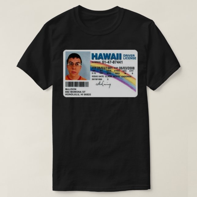 Mclovin Fake ID Aufkleber T-Shirt (Design vorne)