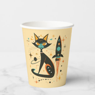 MCM Schwarze Katze Retro Raumschiff Sterne Planete Pappbecher