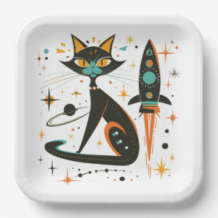 MCM Schwarze Katze Retro Raumschiff Sterne Planete Pappteller