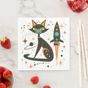 MCM Schwarze Katze Retro Raumschiff Sterne Planete Serviette