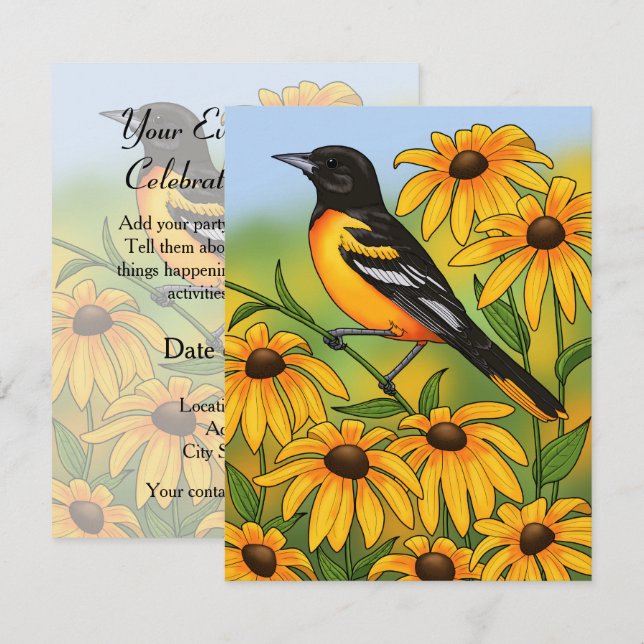 MD Staat Bird Oriole & Black-mit Augen Susan Blume Einladung (Vorne/Hinten)