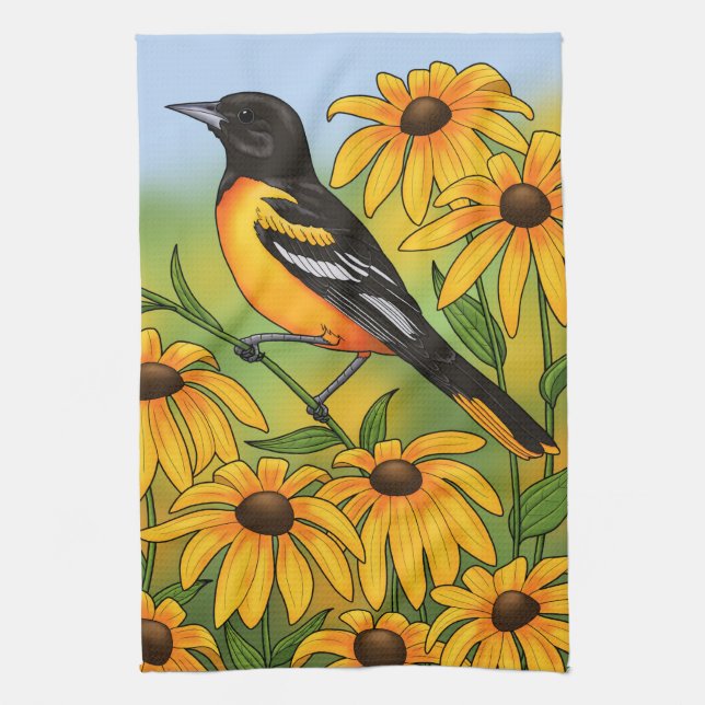 MD Staat Bird Oriole & Black-mit Augen Susan Blume Geschirrtuch (Vertikal)