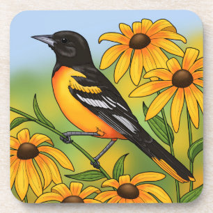 MD Staat Bird Oriole & Black-mit Augen Susan Blume Getränkeuntersetzer