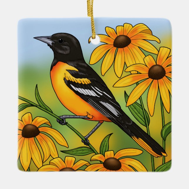 MD Staat Bird Oriole & Black-mit Augen Susan Blume Keramikornament (Vorderseite)