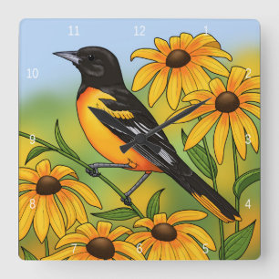 MD Staat Bird Oriole & Black-mit Augen Susan Blume Quadratische Wanduhr