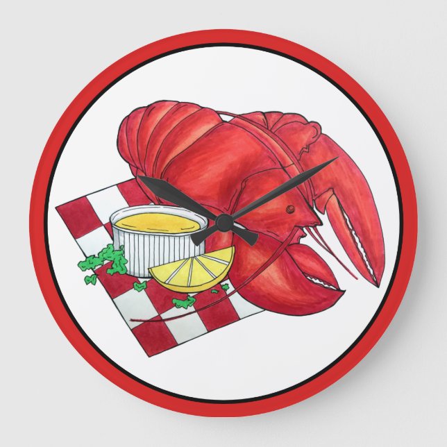 ME Maine Lobster Shack Seafood Dinner Red Gingham Große Wanduhr (Vorderseite)