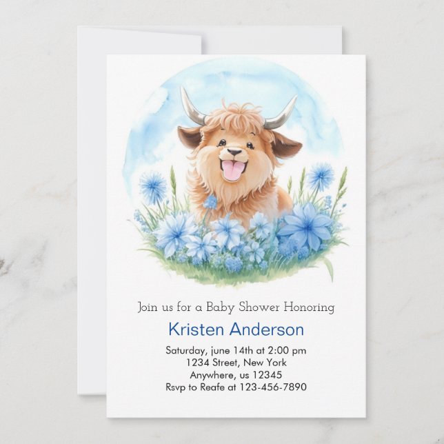 Meadow Adventure Blue Highland Cow Boy Baby Shoote Einladung (Vorderseite)