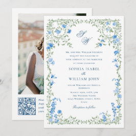 Meadow Blue French Rose Hochzeiten QR-Code-Foto Einladung