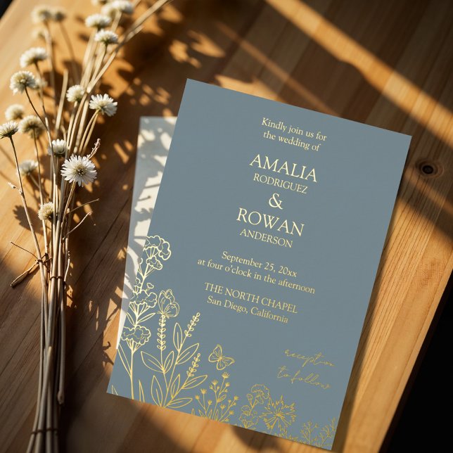 Meadow Blume Blue Gray Wedding Folieneinladung (Von Creator hochgeladen)