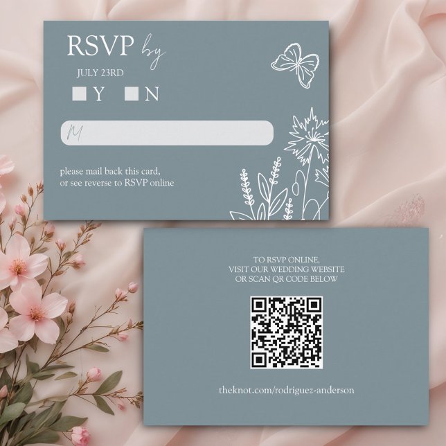 Meadow Blume Blue Gray Wedding RSVP Begleitkarte (Von Creator hochgeladen)