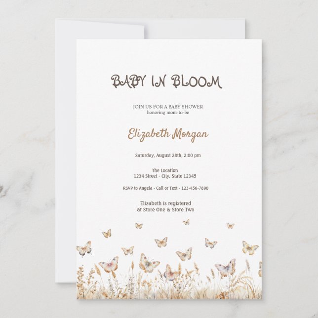 Meadow Butterflies Baby in Bloom Baby Dusche Einladung (Vorderseite)