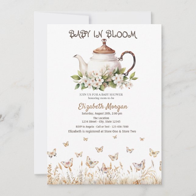 Meadow Butterflies Teapot Babydusche Einladung (Vorderseite)