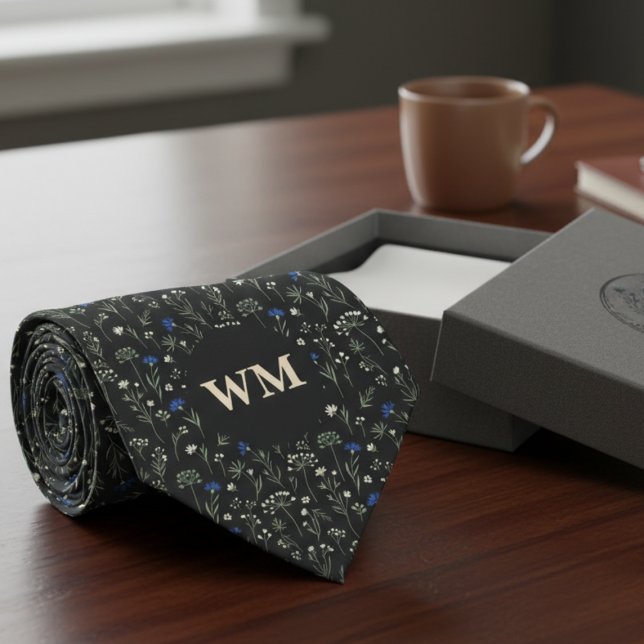 Meadow Floral Monogram – Groomsmen wedding Krawatte (Monogram floral necktie)