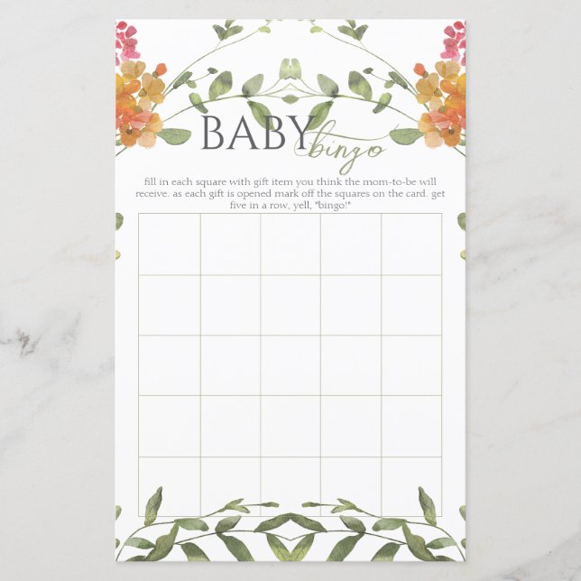 Meadow Flowers Watercolor Baby Shower Bingo Game (Vorderseite)