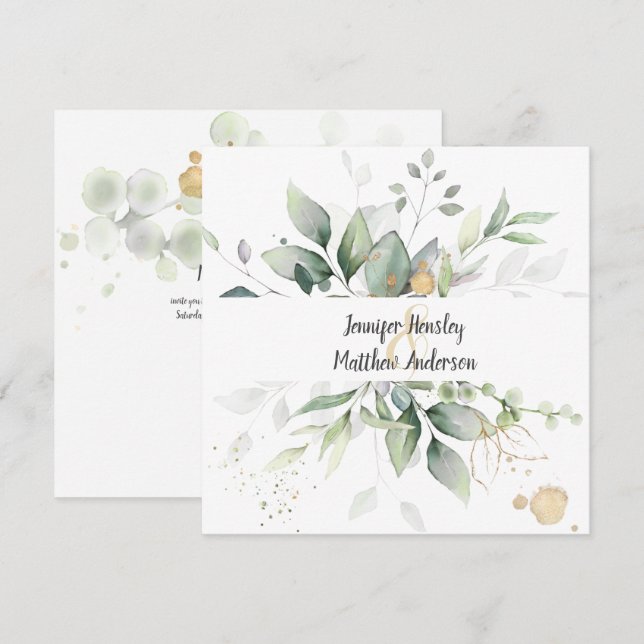 Meadow Green Gold Gerahmte Blätter Hochzeit Einladung (Vorne/Hinten)