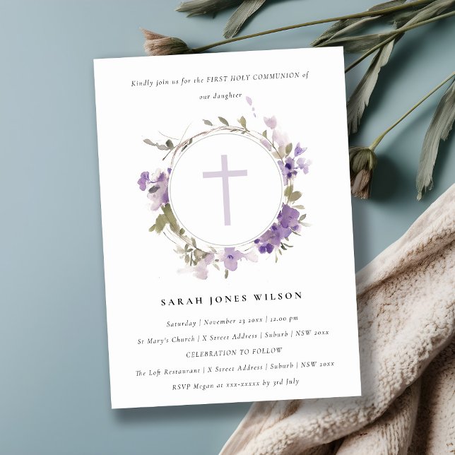 Meadow Lilac Floral Wreath Erste Heilige Kommune Einladung (Von Creator hochgeladen)