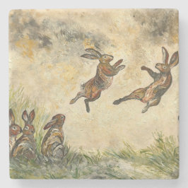 Meadow Matchup Playful Hares in a Meadow  Steinuntersetzer
