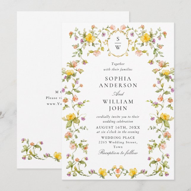 Meadow Pastel Französische Rose Blumenhochzeit Einladung (Vorne/Hinten)