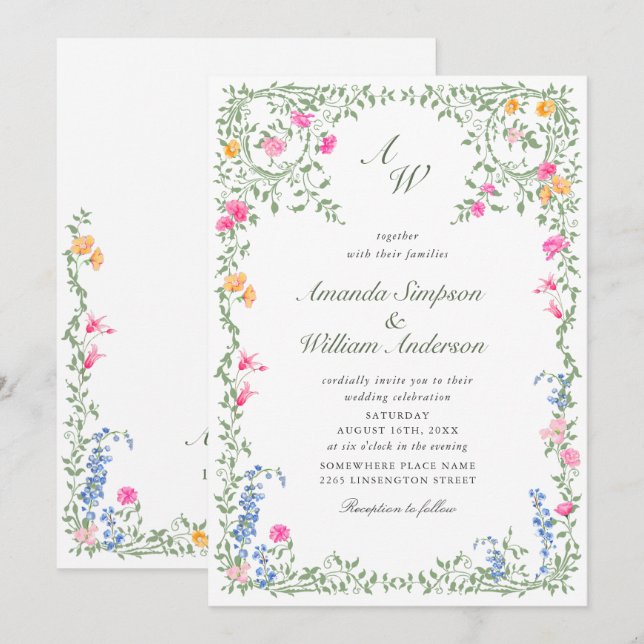 Meadow Pastel Französische Rose Blumenhochzeit Einladung (Vorne/Hinten)
