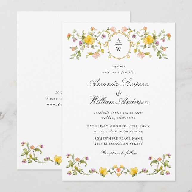 Meadow Pastel Französische Rose Blumenhochzeit Einladung (Vorne/Hinten)