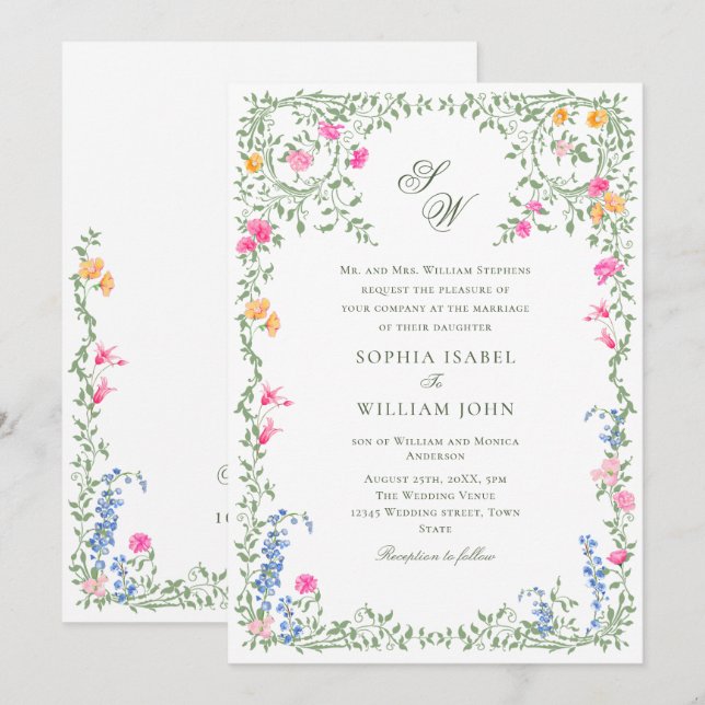 Meadow Pastel Französische Rose Blumenhochzeit Einladung (Vorne/Hinten)
