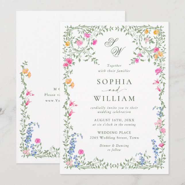 Meadow Pastel Französische Rose Blumenhochzeit Einladung (Vorne/Hinten)