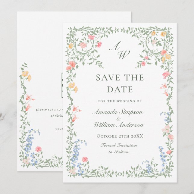 Meadow Pastel Französische Rose Blumenhochzeit Save The Date (Vorne/Hinten)