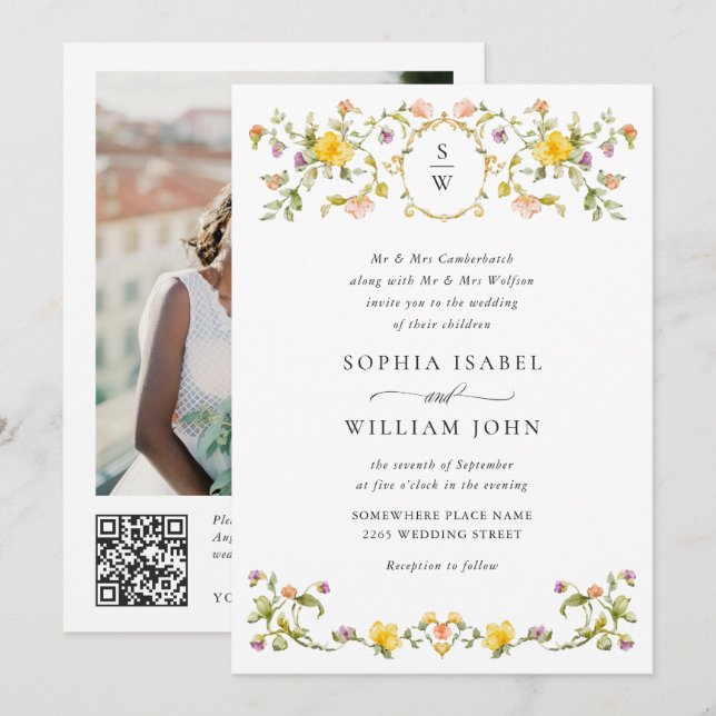 Meadow Pastel French Rose Floral Wedding QR-Code Einladung (Vorne/Hinten)